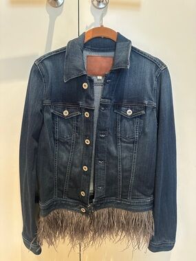 Ag Adriano Goldschmied Dark Blue Denim Jacket with Brown Feather Trim